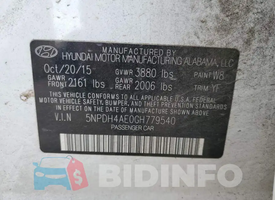 5NPDH4AE0GH779540 Photo# 13