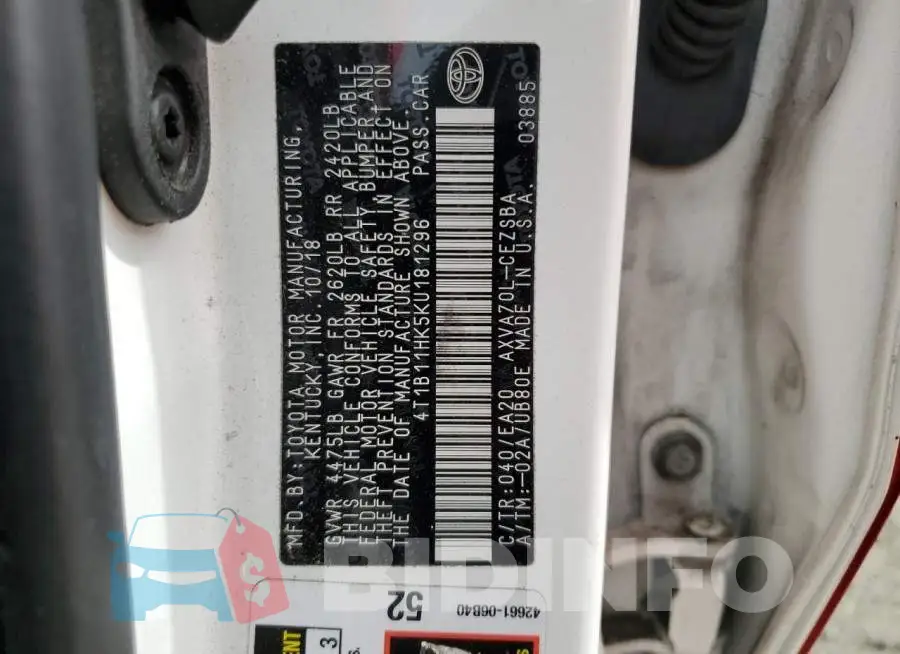 4T1B11HK5KU181296 Photo# 12