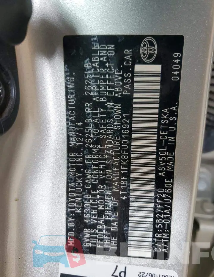 4T1BF1FK8FU016921 Photo# 12