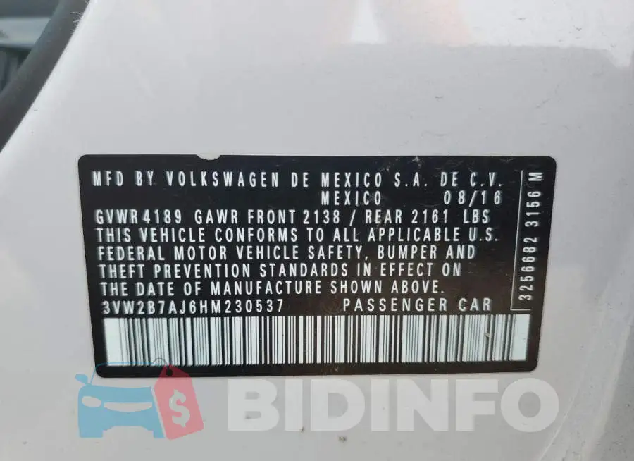 3VW2B7AJ6HM230537 Photo# 12