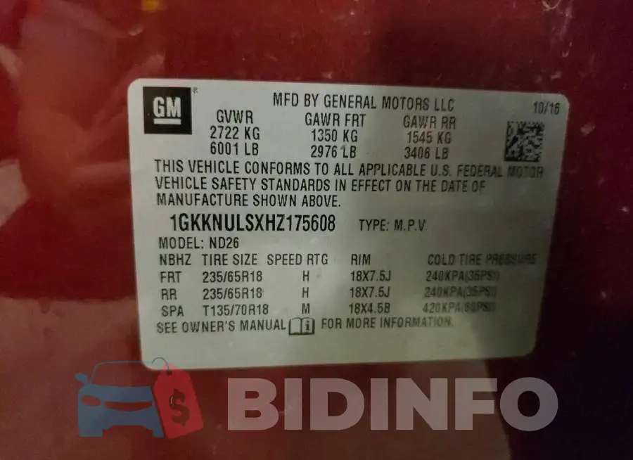 1GKKNULSXHZ175608 Photo# 13