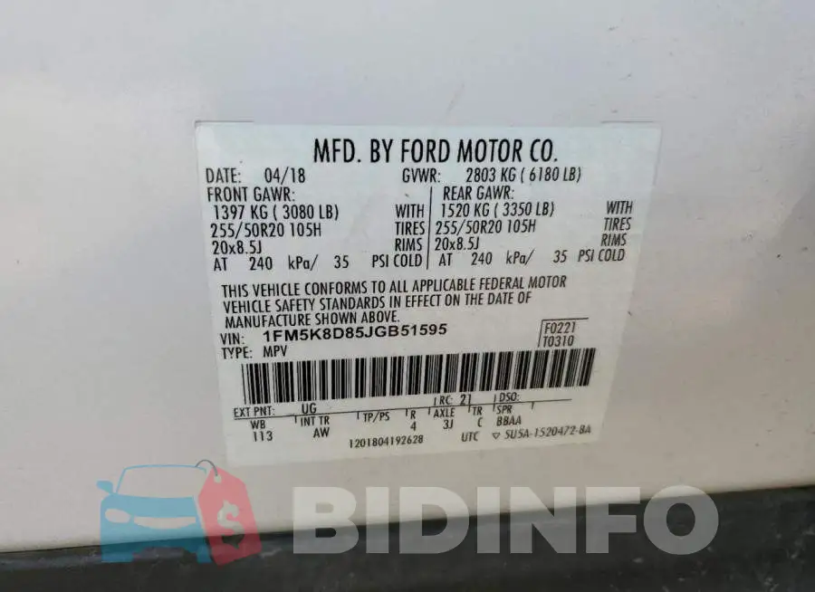 1FM5K8D85JGB51595 Photo# 14