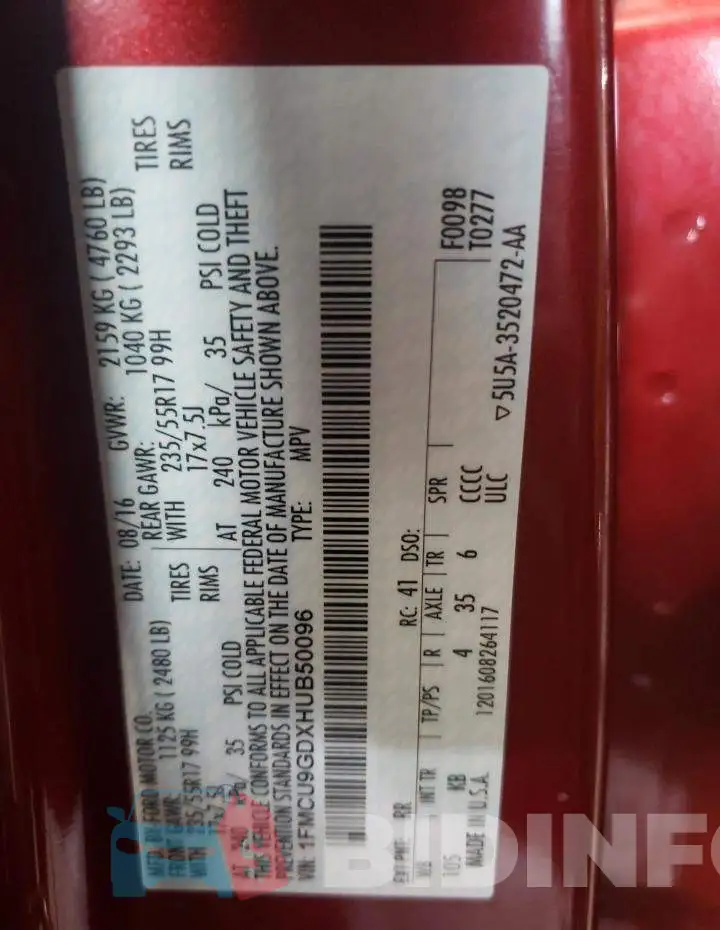 1FMCU9GDXHUB50096 Photo# 14