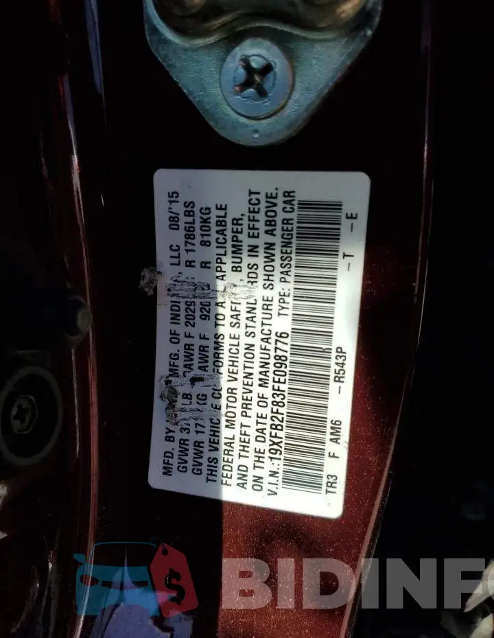 19XFB2F83FE098776 Photo# 12