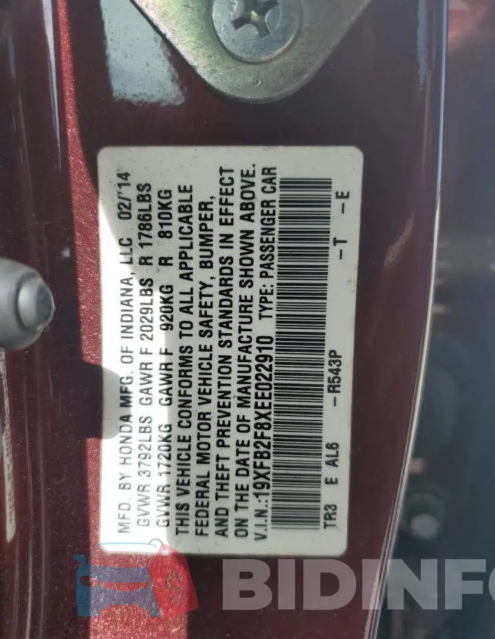19XFB2F8XEE022910 Photo# 12