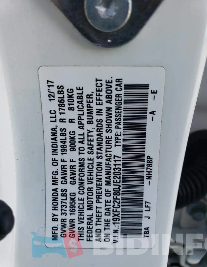 19XFC2F80JE203117 Photo# 12