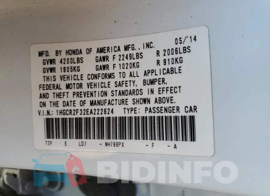 1HGCR2F32EA222624 Photo# 12
