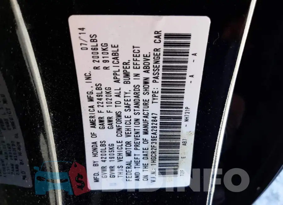 1HGCR2F39EA292847 Photo# 12