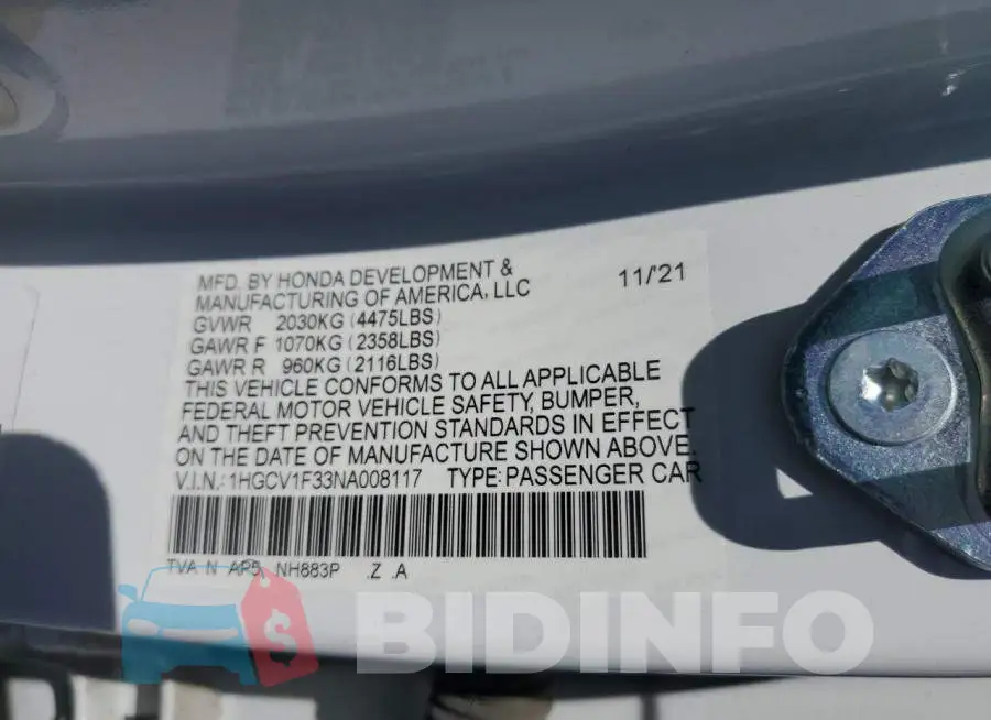 1HGCV1F33NA008117 Photo# 12