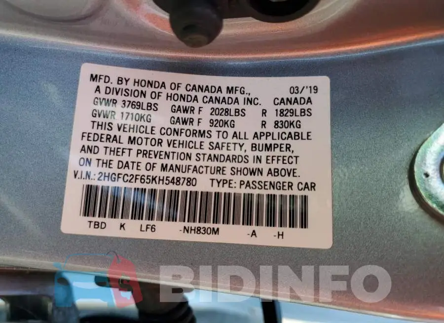 2HGFC2F65KH548780 Photo# 12