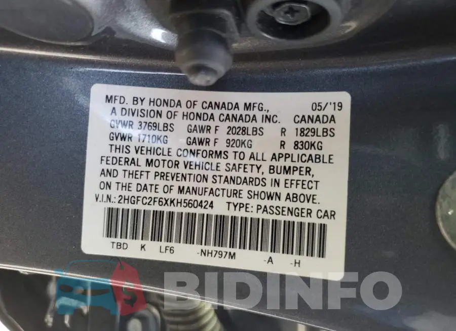 2HGFC2F6XKH560424 Photo# 12