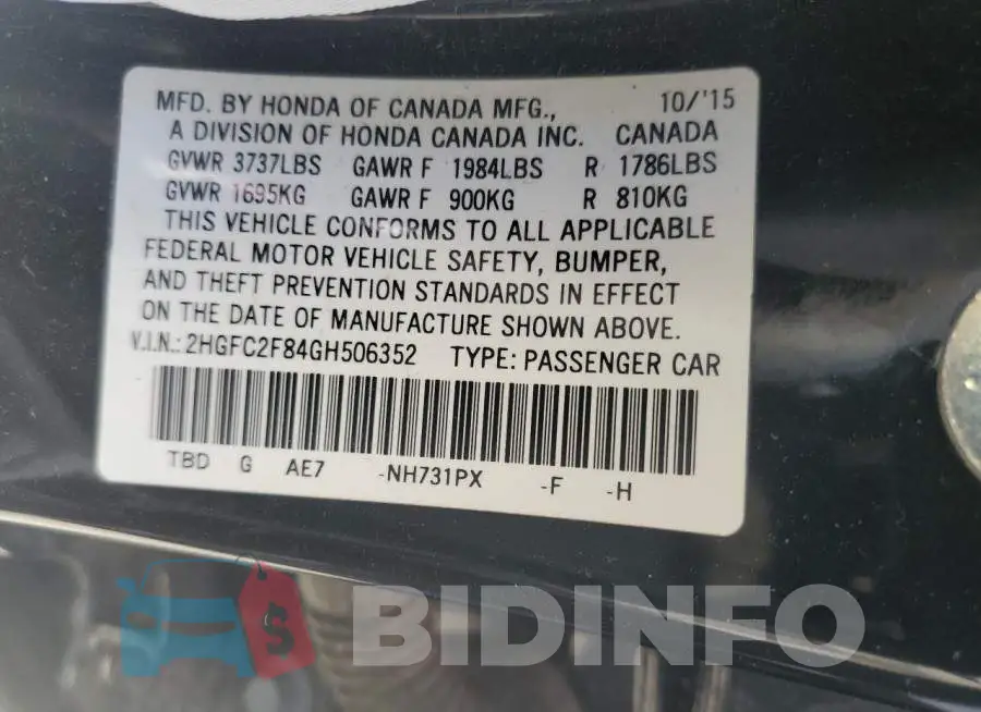 2HGFC2F84GH506352 Photo# 12