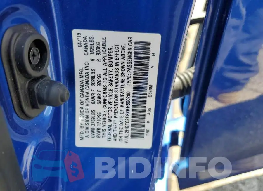 2HGFC2F8XKH560280 Photo# 12