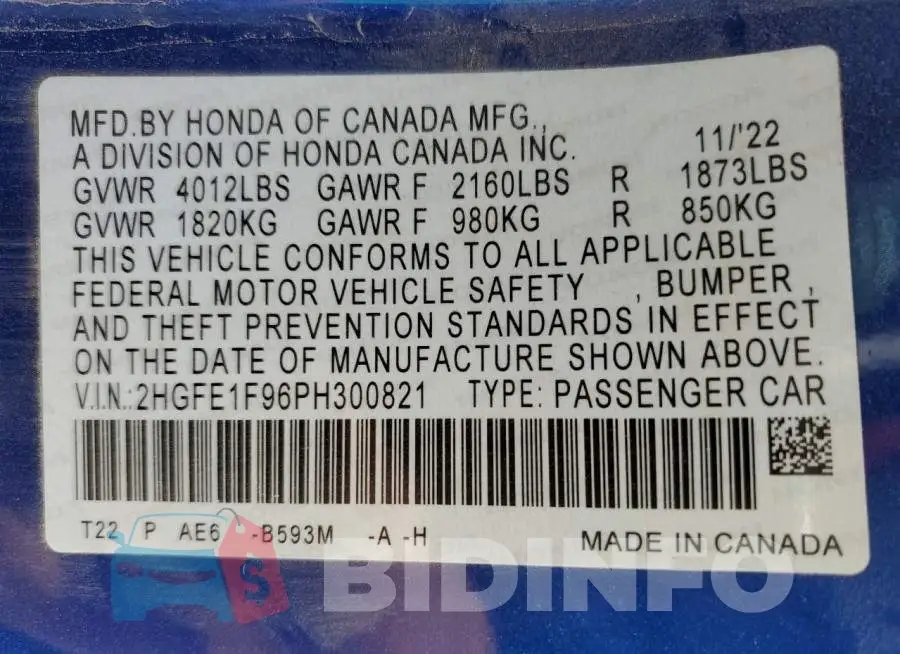 2HGFE1F96PH300821 Photo# 12