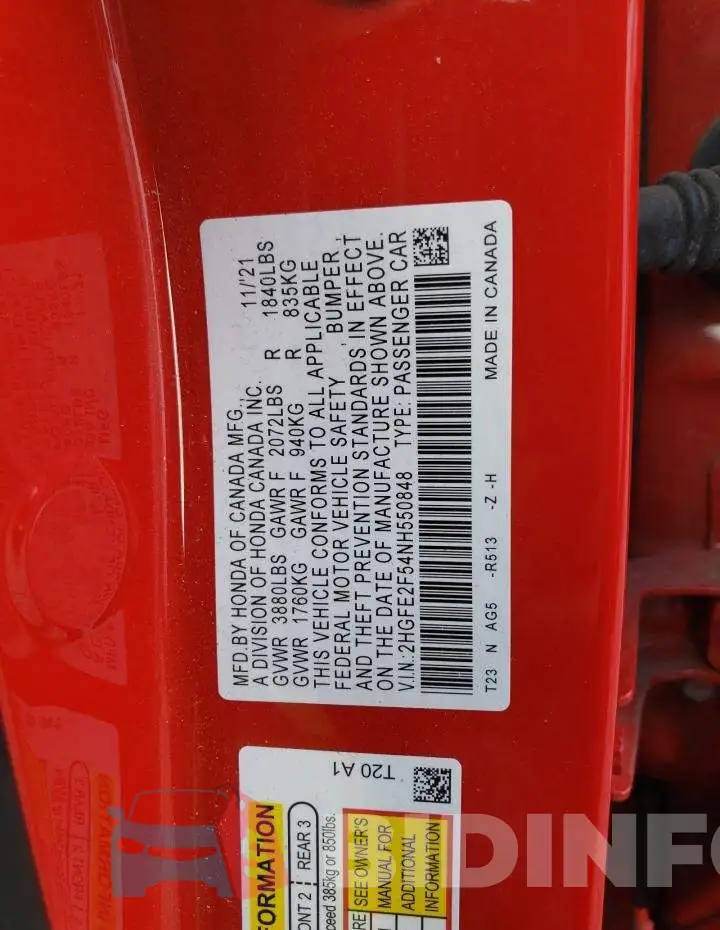 2HGFE2F54NH550848 Photo# 12