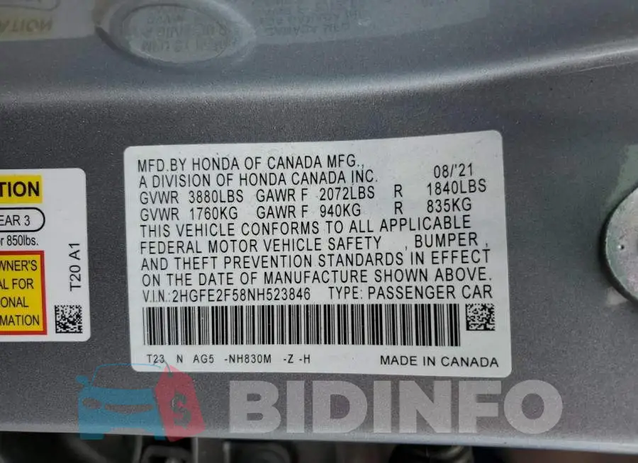 2HGFE2F58NH523846 Photo# 12