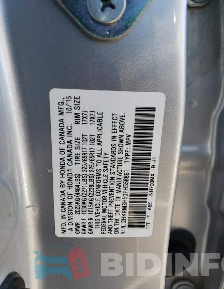 2HKRM3H50FH558861 Photo# 14