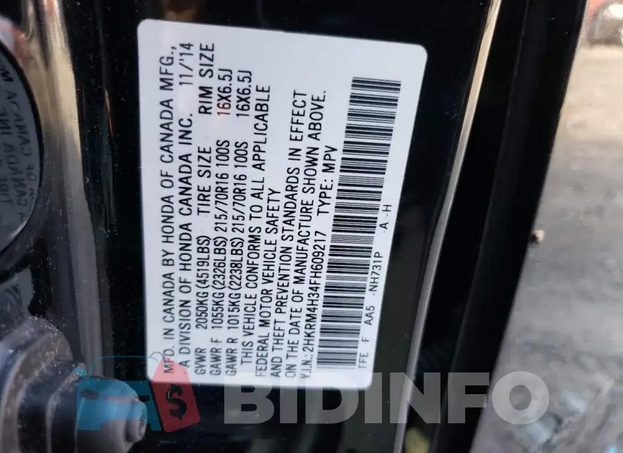 2HKRM4H34FH609217 Photo# 14