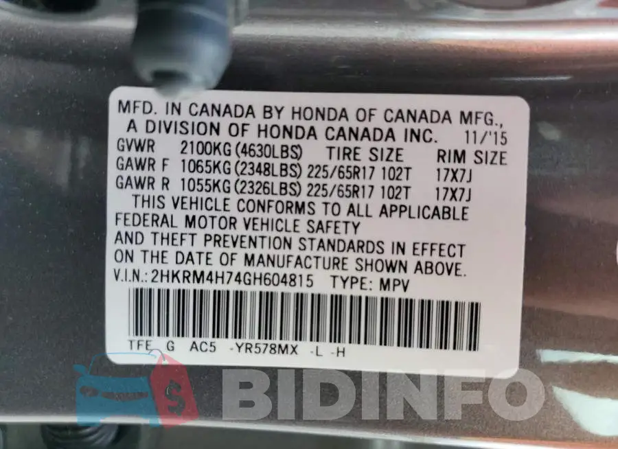 2HKRM4H74GH604815 Photo# 13