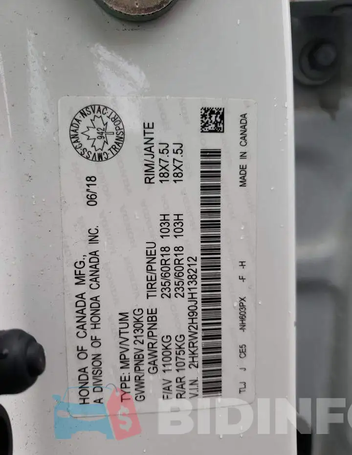 2HKRW2H90JH138212 Photo# 14