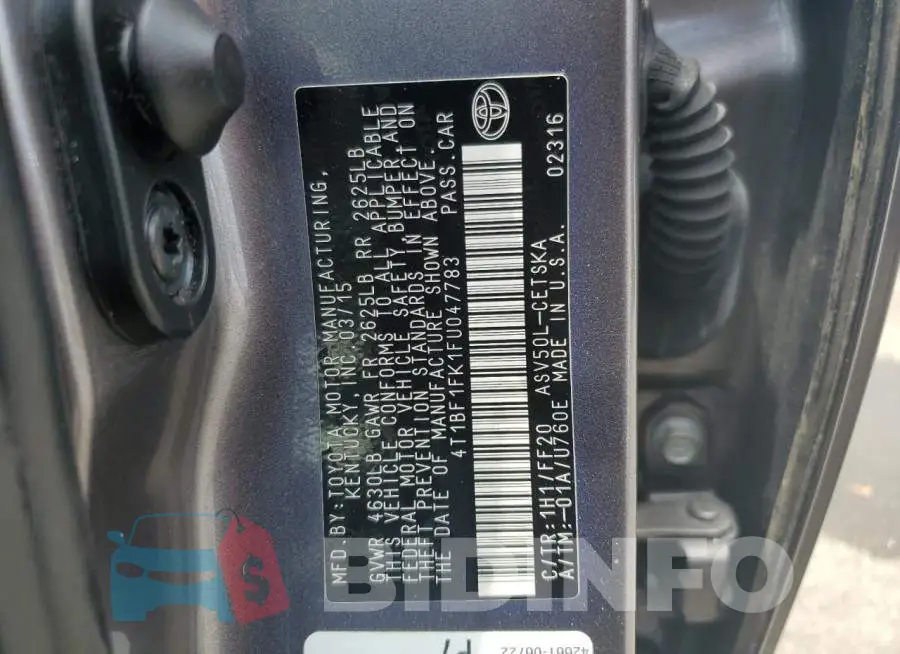 4T1BF1FK1FU047783 Photo# 12