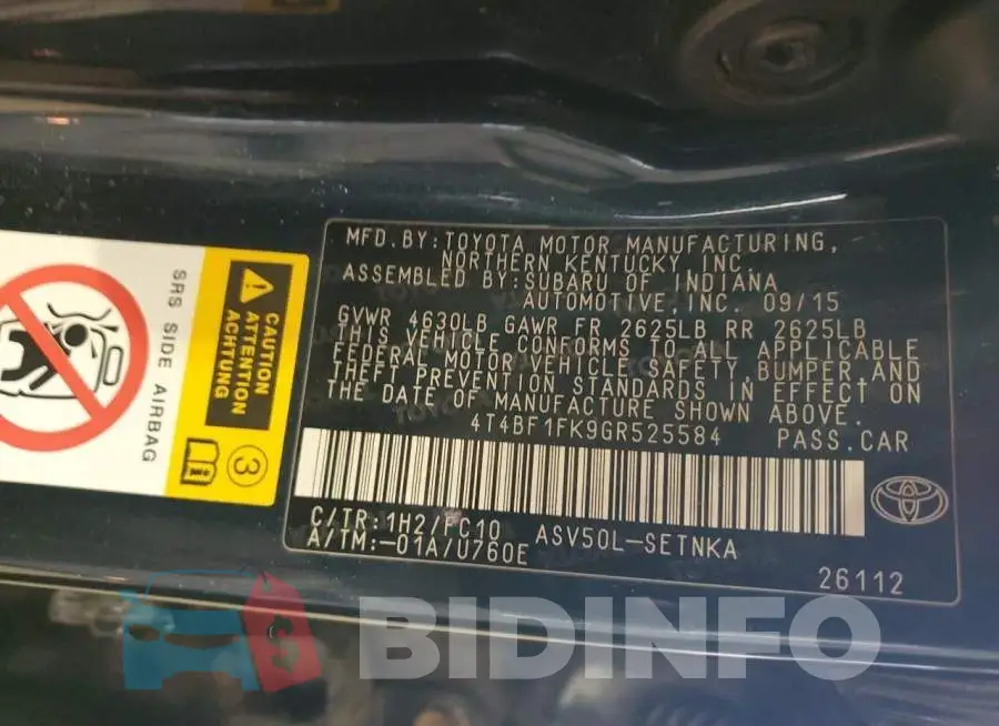 4T4BF1FK9GR525584 Photo# 12