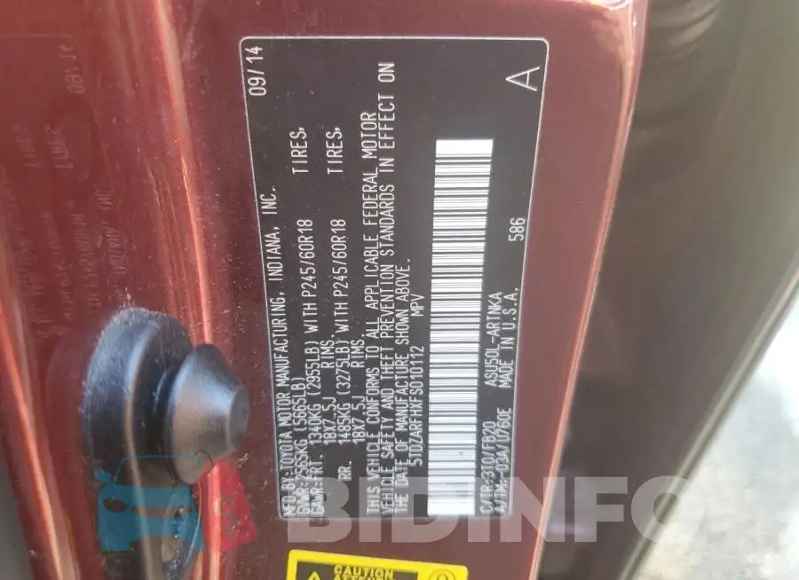 5TDZARFHXFS010112 Photo# 12