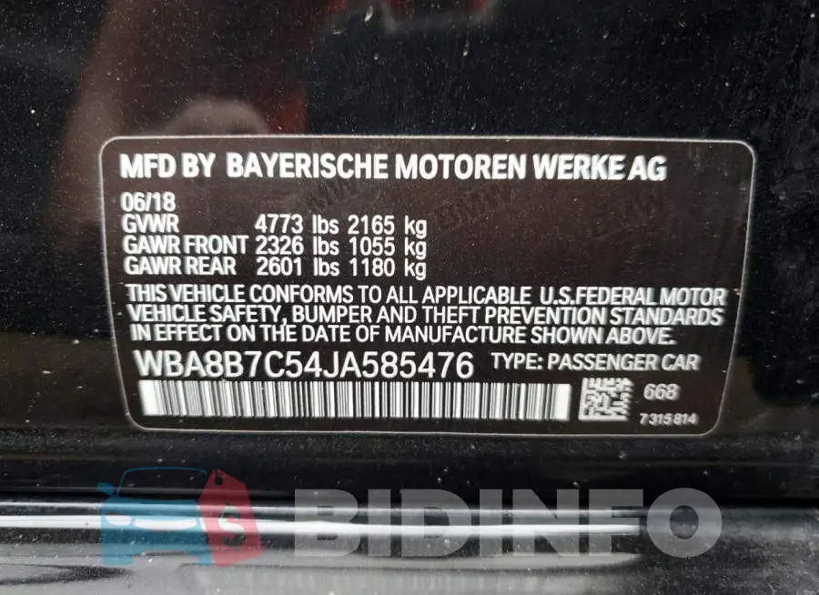 WBA8B7C54JA585476 Photo# 12