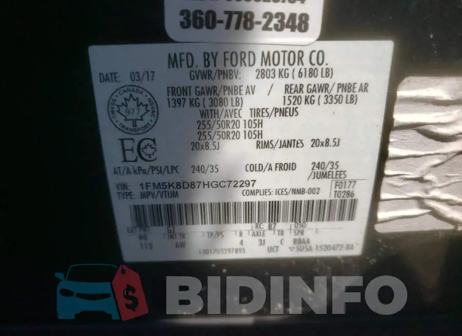 1FM5K8D87HGC72297 Photo# 14