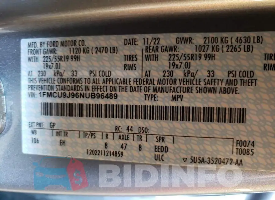 1FMCU9J96NUB96489 Photo# 12