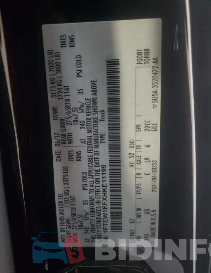 1FTEW1EFXHKE11199 Photo# 12