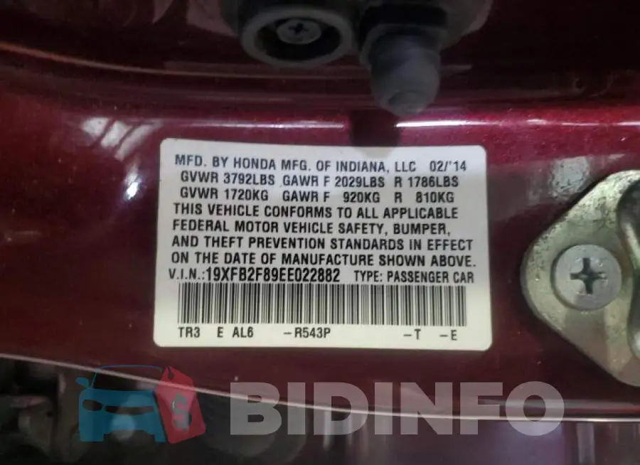 19XFB2F89EE022882 Photo# 12