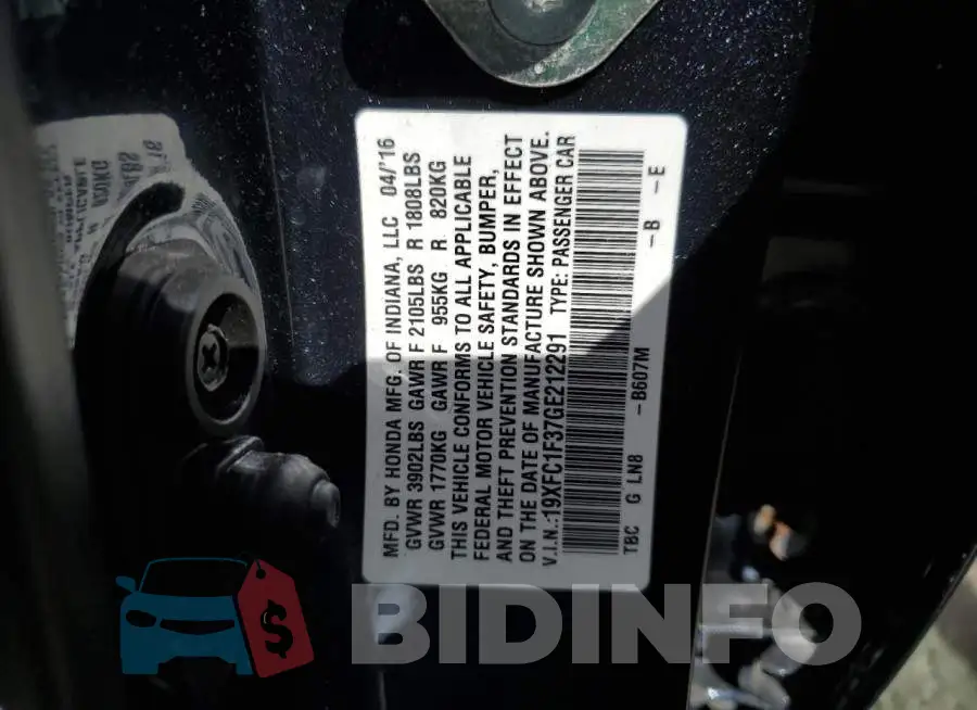 19XFC1F37GE212291 Photo# 13