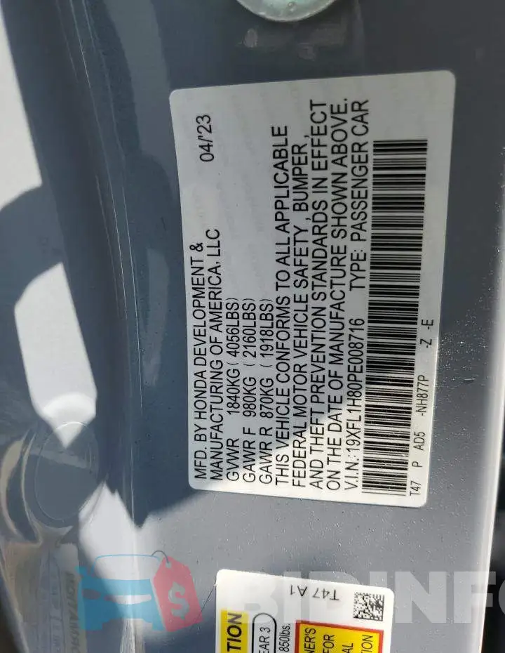 19XFL1H80PE008716 Photo# 12
