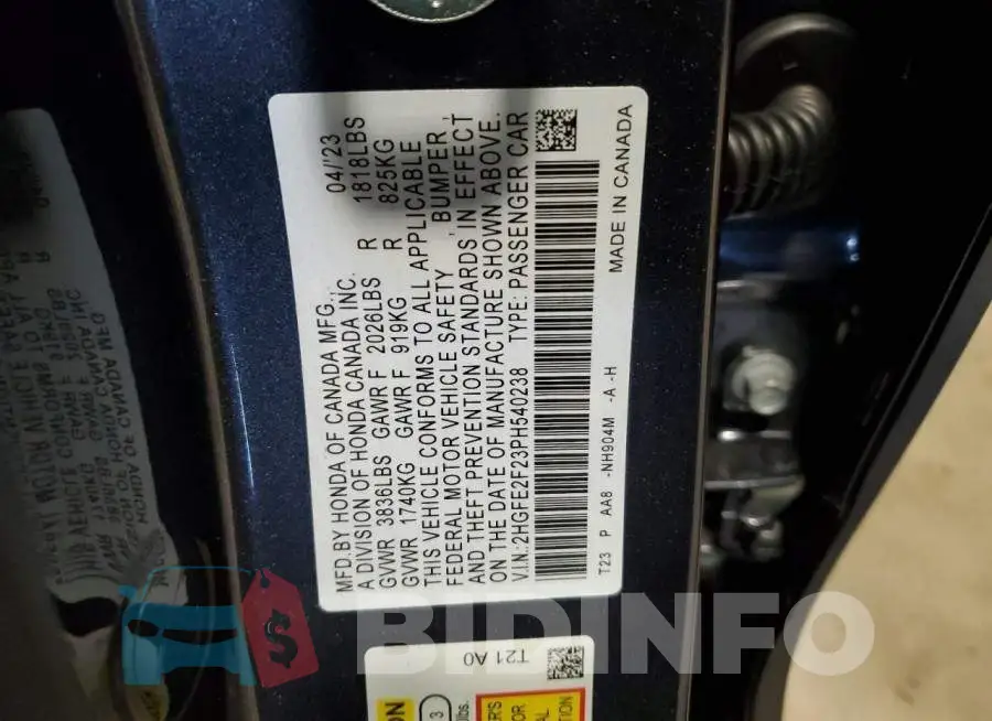 2HGFE2F23PH540238 Photo# 12