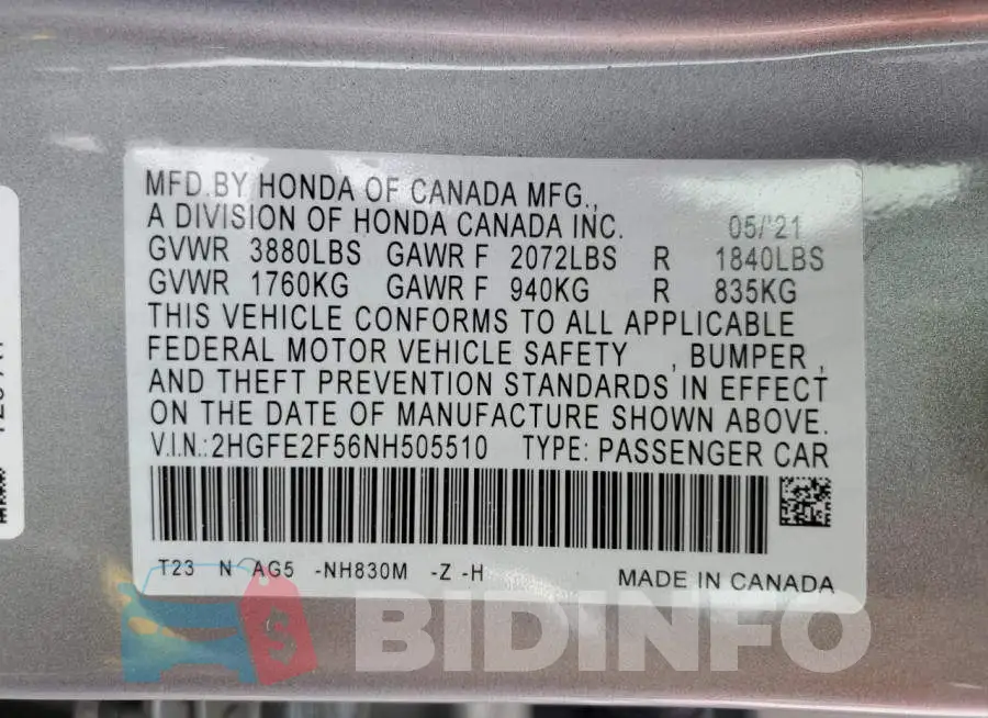 2HGFE2F56NH505510 Photo# 12