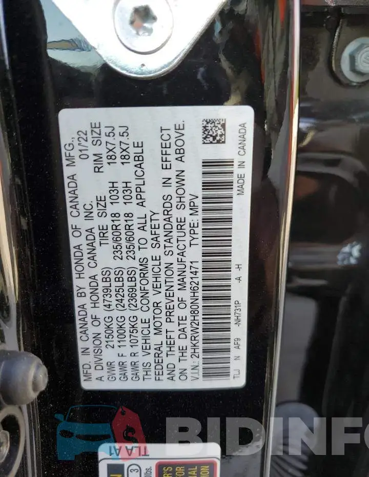 2HKRW2H80NH621471 Photo# 12