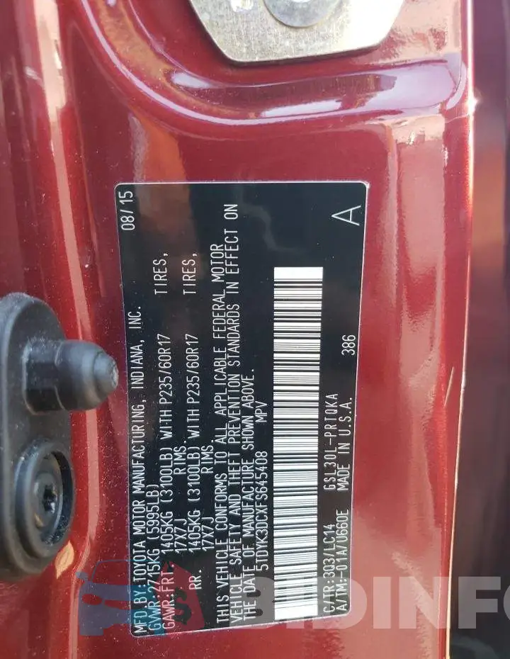 5TDYK3DCXFS645408 Photo# 13