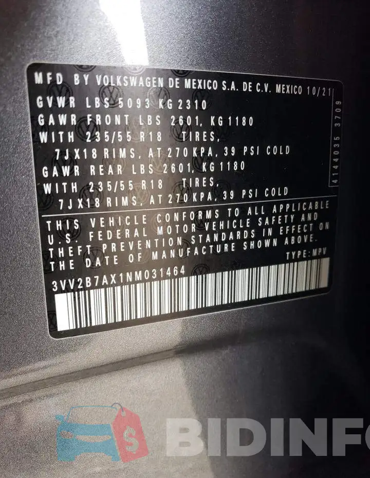 3VV2B7AX1NM031464 Photo# 13