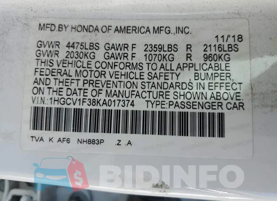 1HGCV1F38KA017374 Photo# 12