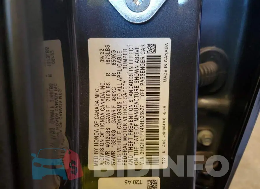 2HGFE1F74NH326927 Photo# 12