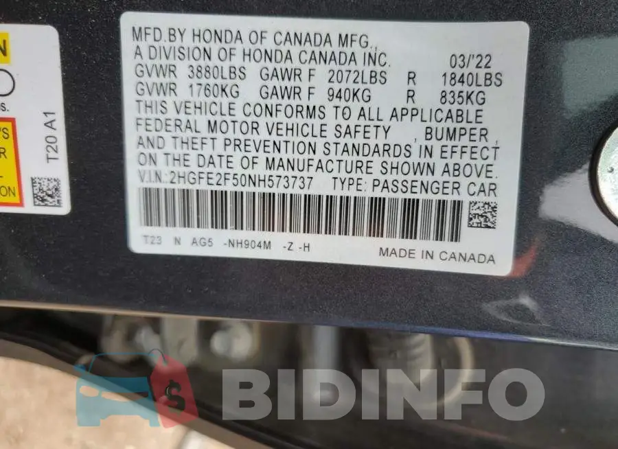 2HGFE2F50NH573737 Photo# 12