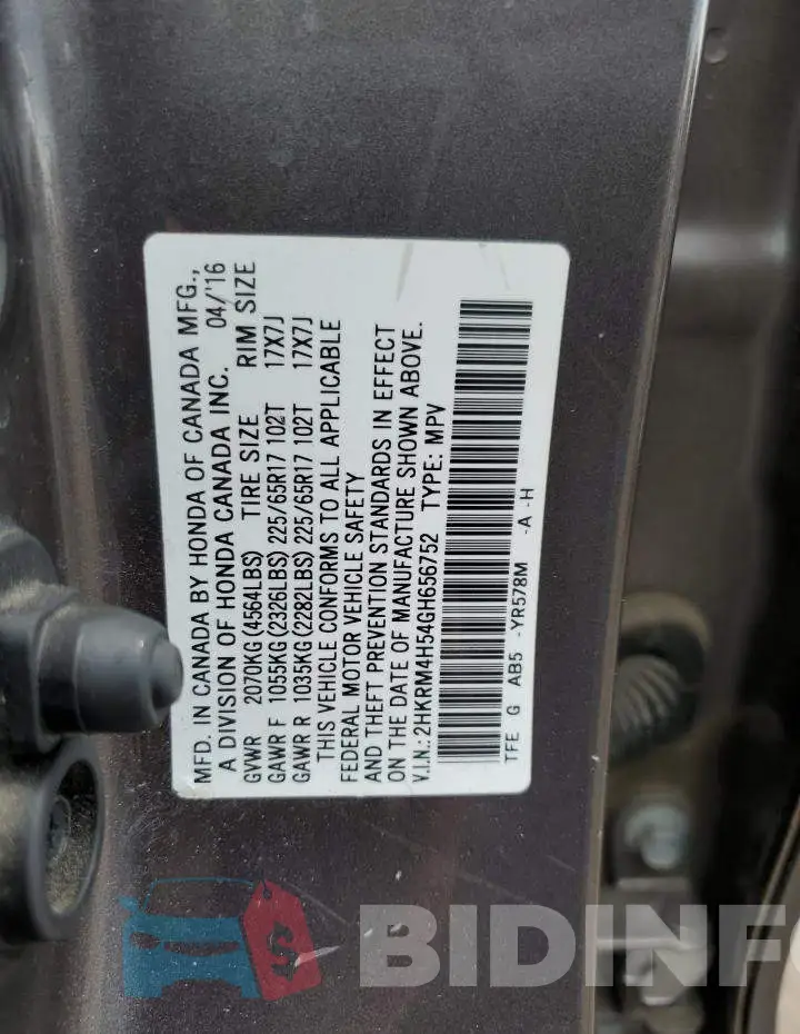 2HKRM4H54GH656752 Photo# 13