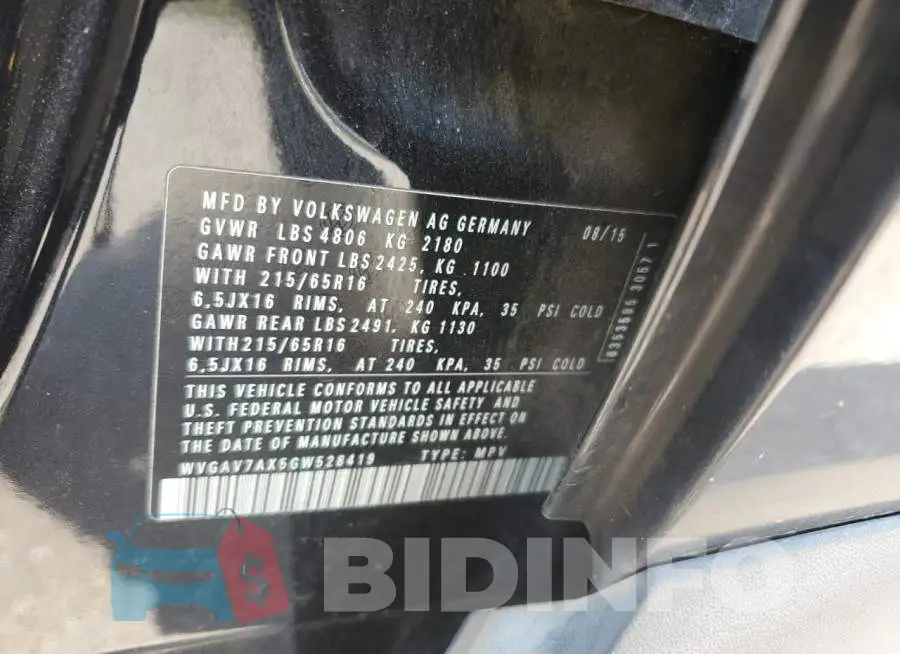 WVGAV7AX5GW528419 Photo# 13