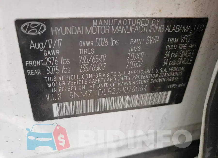 5NMZTDLB2JH076064 Photo# 13
