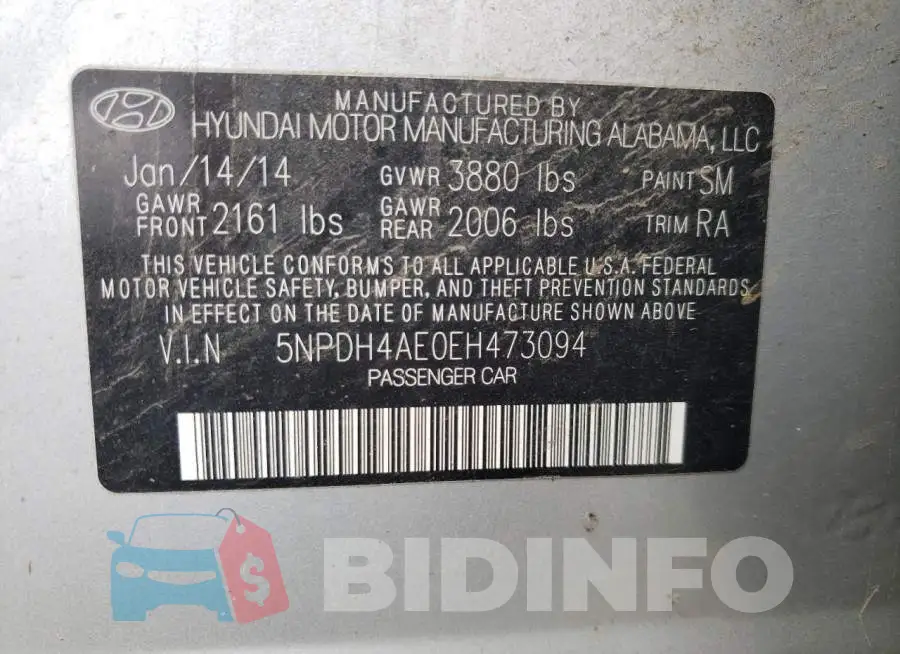5NPDH4AE0EH473094 Photo# 12