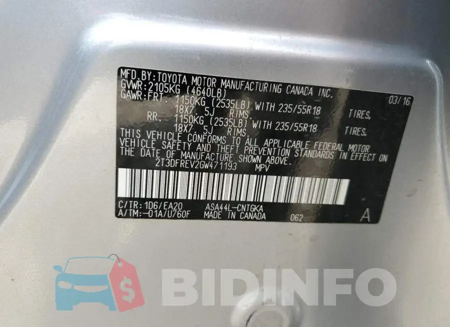 2T3DFREV2GW471193 Photo# 13