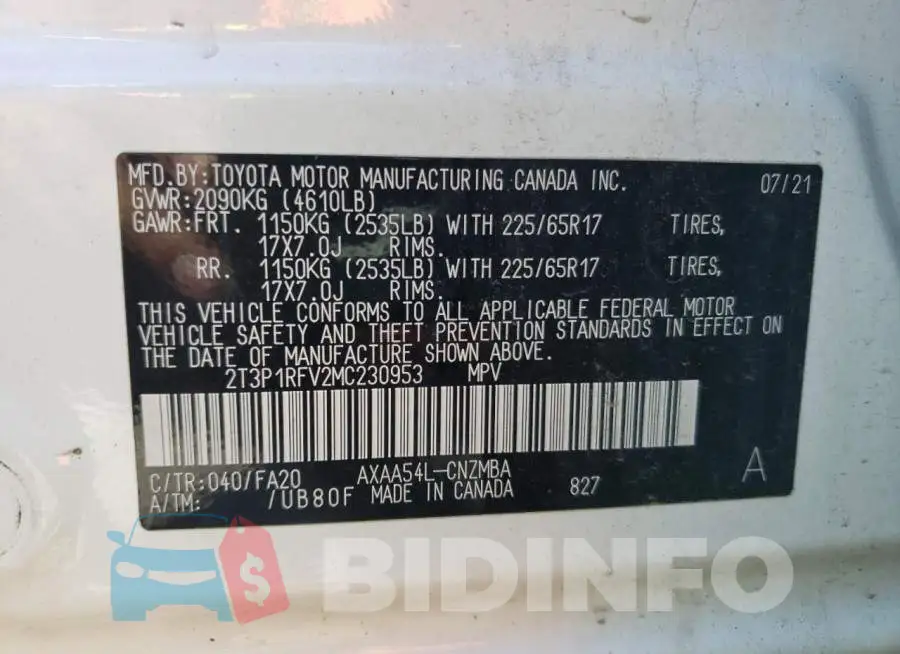 2T3P1RFV2MC230953 Photo# 14