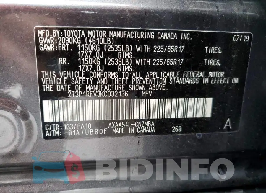 2T3P1RFV3KC032136 Photo# 13