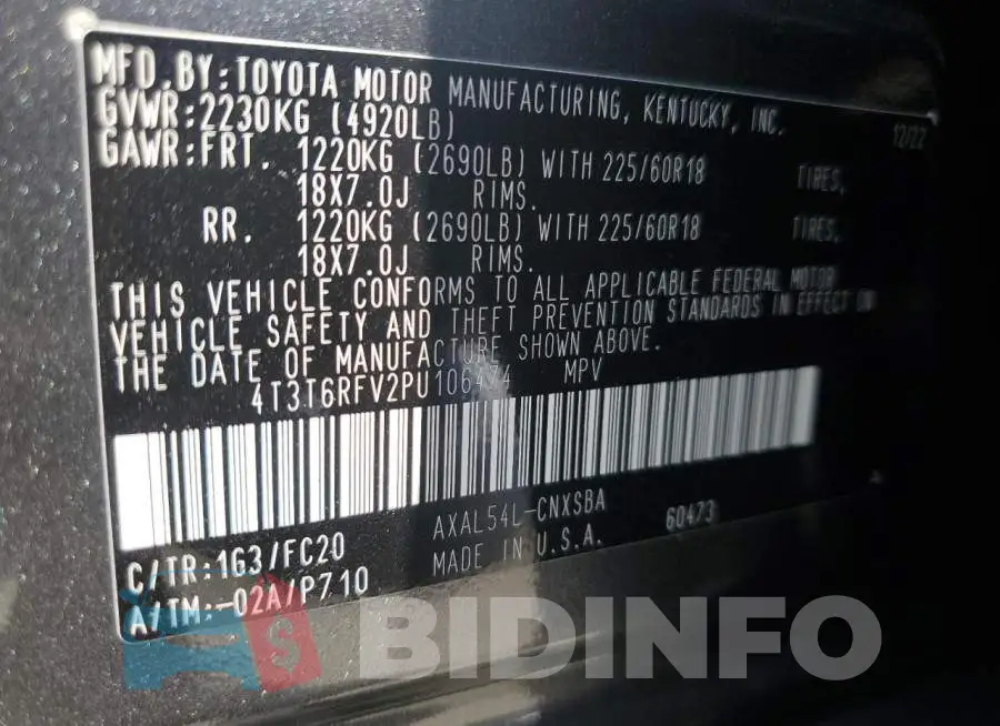 4T3T6RFV2PU106474 Photo# 12